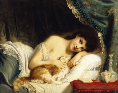 A Reclining Beauty with Her Cat by Fritz Zuber Buhler