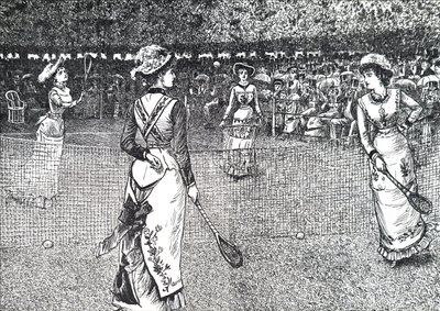 Ladies playing lawn tennis by George du Maurier