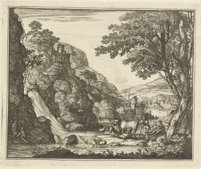 Shepherd with Animals near a Waterfall by Gerard Melder