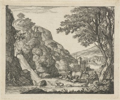 Shepherd with Animals by a Waterfall by Gerard Melder