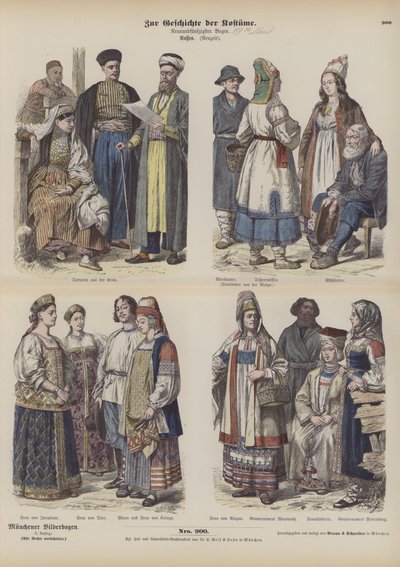 Russian costumes, late 19th Century (coloured engraving) by German School