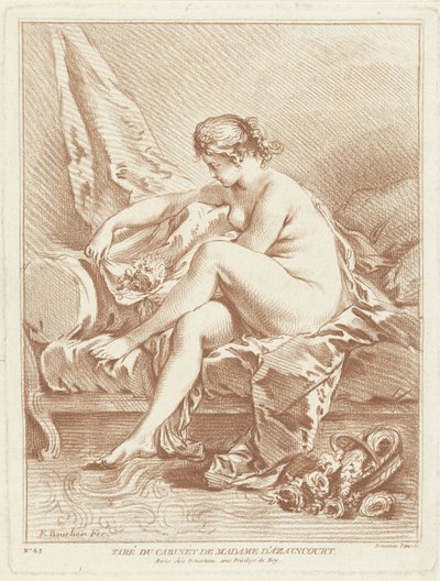 Naked Woman Sitting on Bed with Flowers by Gilles Demarteau