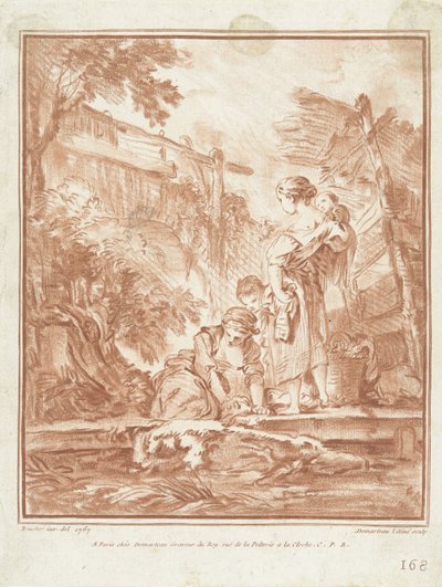 Washerwomen with Children by a Stream by Gilles Demarteau