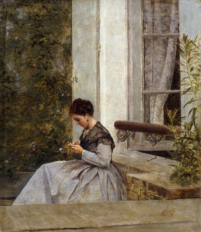 A Woman Crocheting by Giuseppe or Joseph de Nittis