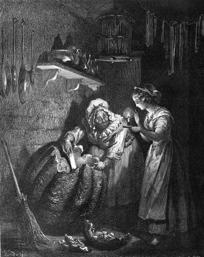 Cinderella: Fairy Godmother Carving the Pumpkin by Gustave Dore