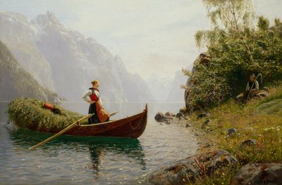 Woman and Man in Fjord Landscape by Hans Dahl