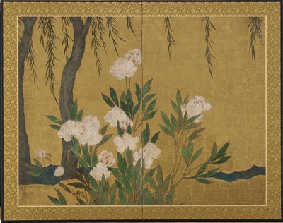 Peonies and Willows by Hasegawa Tonin