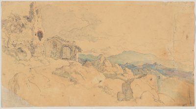 Mountain Landscape with Hut and Ruin by Heinrich Burkel