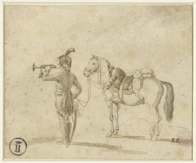 Trumpeter Beside Horse by Emile Jean Horace Vernet