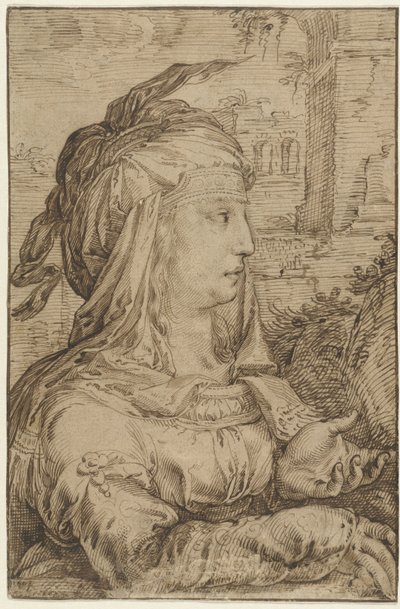 Woman in Fantasy Costume, Profile to the Right by Jacob Matham