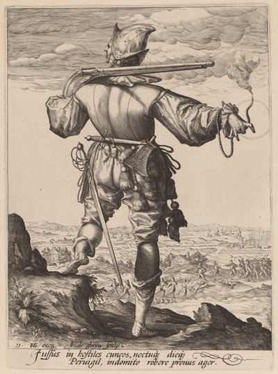 Helmeted Musketeer by Jacques de Gheyn II after Hendrik Goltzius