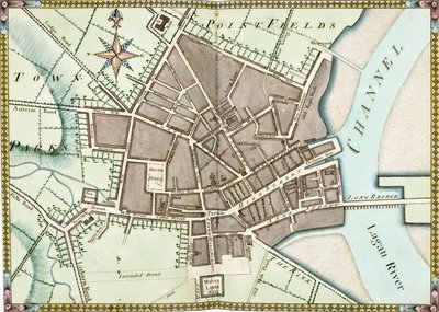 Double page watercolor plan of Belfast by James Williamson