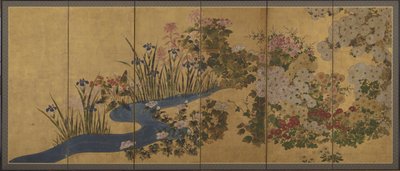 Flowers and a Brook, Screens by Japanese School