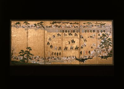 Six-Fold Screen Depicting a Military Dog-Chasing Game by Japanese School