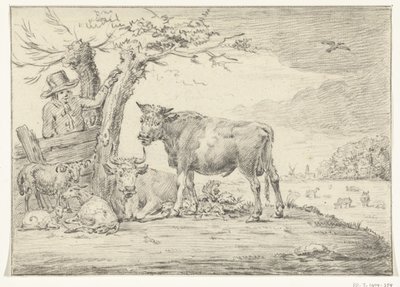 Farmer Standing by a Gate with Cattle by Jean Bernard