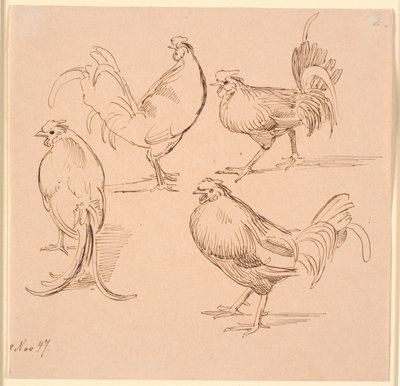 Four Studies of Roosters by Johan Thomas Lundbye