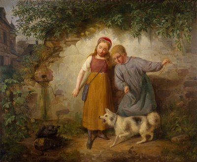 Two Children with a Spitz by Johann Baptist Zwecker