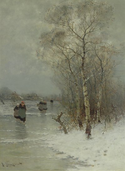 Girls Walking on a Frozen River by Johann II Jungblut