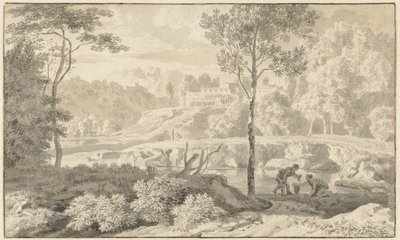Arcadian Landscape with Figures by a Lake by Johannes Glauber
