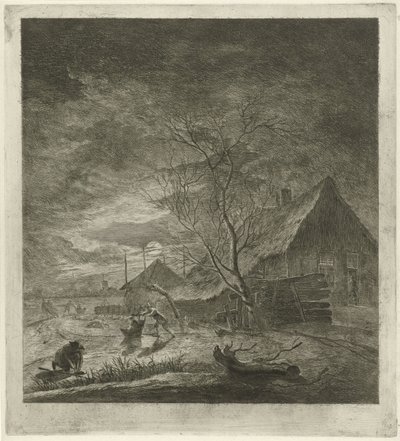 Night Landscape with Farm and Skaters by Johannes Janson