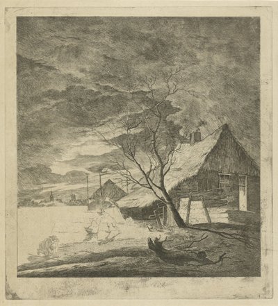 Night Landscape with Farmhouse and Skaters by Johannes Janson