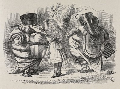 Alice dressing up Tweedledee and Tweedledum by John Tenniel