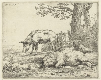 Three pigs by a hedge by Karel Du Jardin