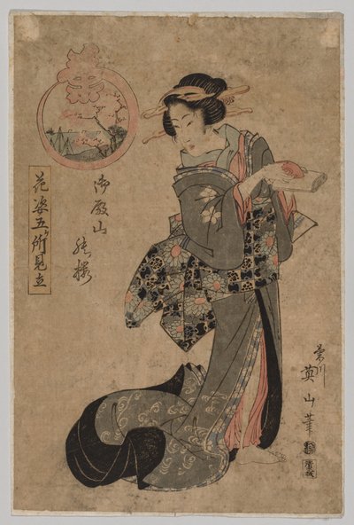 Courtesan with Sake Cup and Scroll by Kikukawa Eizan