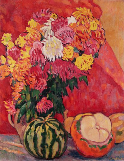 Vase of geraniums with melons by Louis Valtat