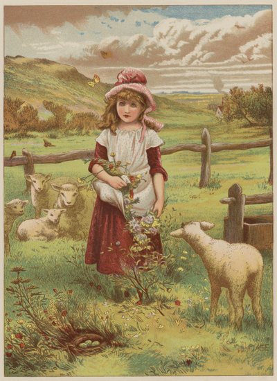 Girl with spring lamb by Mary Ellen Edwards