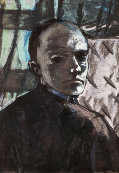 Self-Portrait with Green Curtain by Max Beckmann