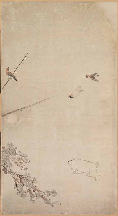 Puppies, Sparrows and Chrysanthemums by Nagasawa Rosetsu