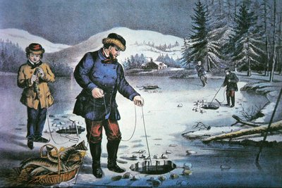 American Pioneer Life: Fishing Through Ice Hole by Nathaniel Currier