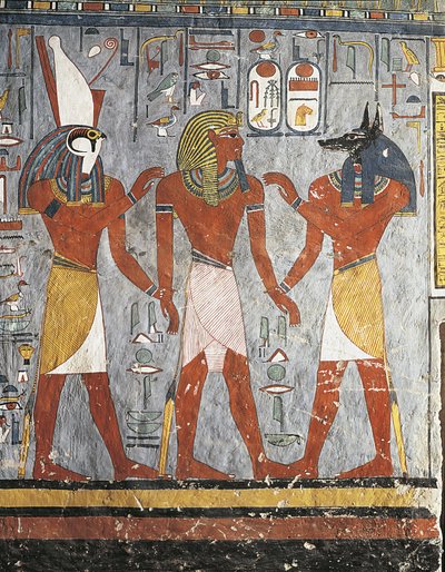 Pharaoh Between Gods Harsiesis and Anubis by New Kingdom Egyptian