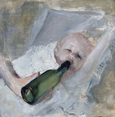 Baby with milk bottle by Oda Krohg