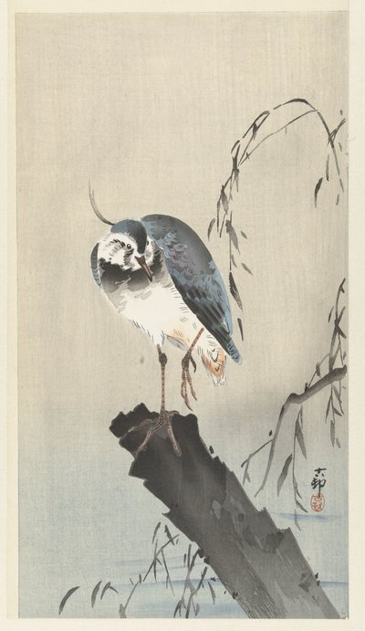 Lapwing on Tree Stump by Ohara Koson