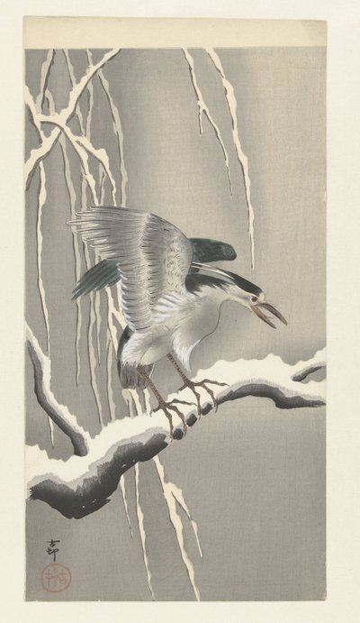 Heron on Snowy Branch by Ohara Koson