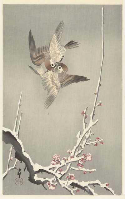 Sparrows and Snow-Covered Plum Tree by Ohara Koson