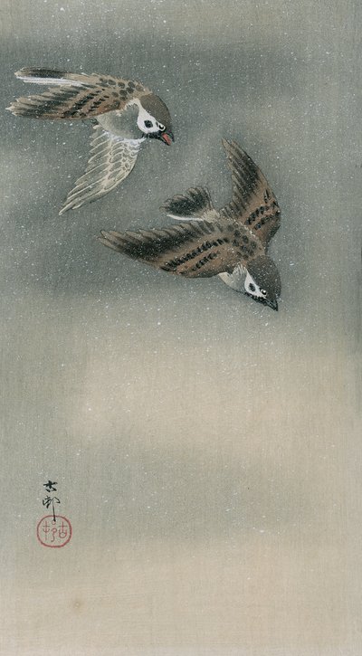 Sparrows in flight by Ohara Koson