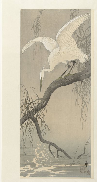 White Heron on Tree Branch by Ohara Koson