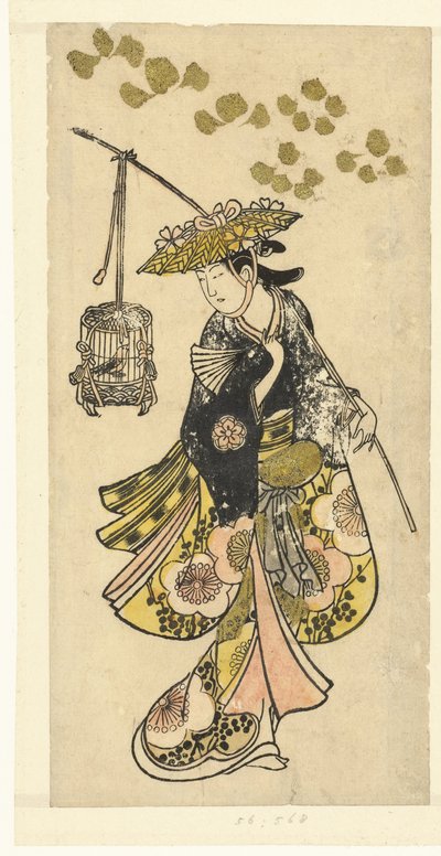 Young Woman with Birdcage by Okumura Toshinobu (attributed to)