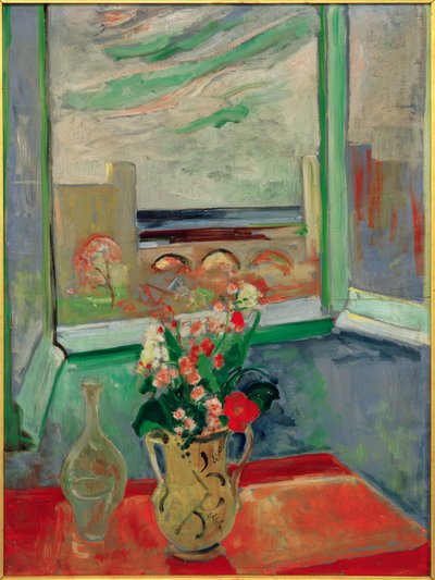 Levanto I: Bouquet of Flowers at Window with Bridge by Oskar Moll