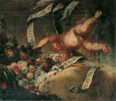 Putto with Flowers, Fruits, and Banner by Peter Strudel