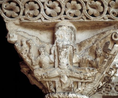 Capital representing St Peter on his cross (sculpture) by Romanesque