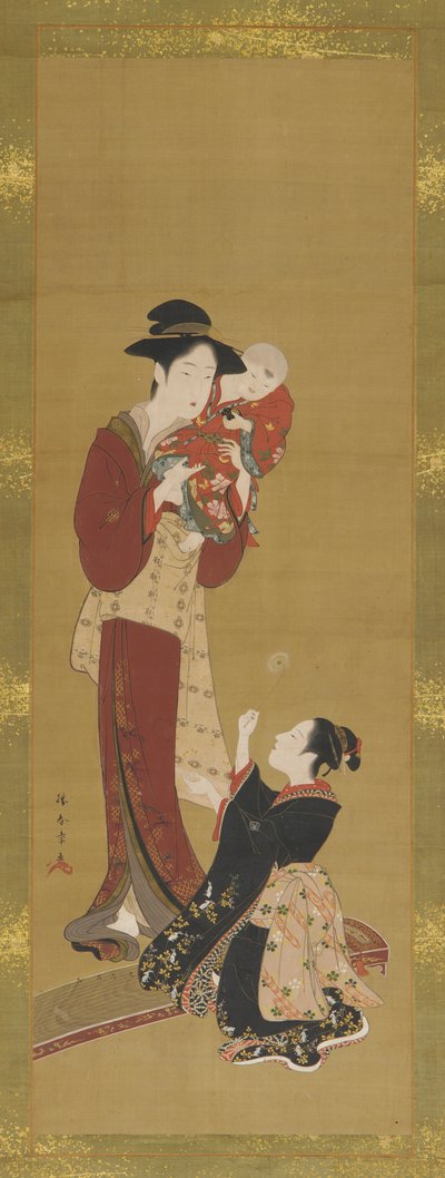 Woman, a baby and a young girl by Shunsho