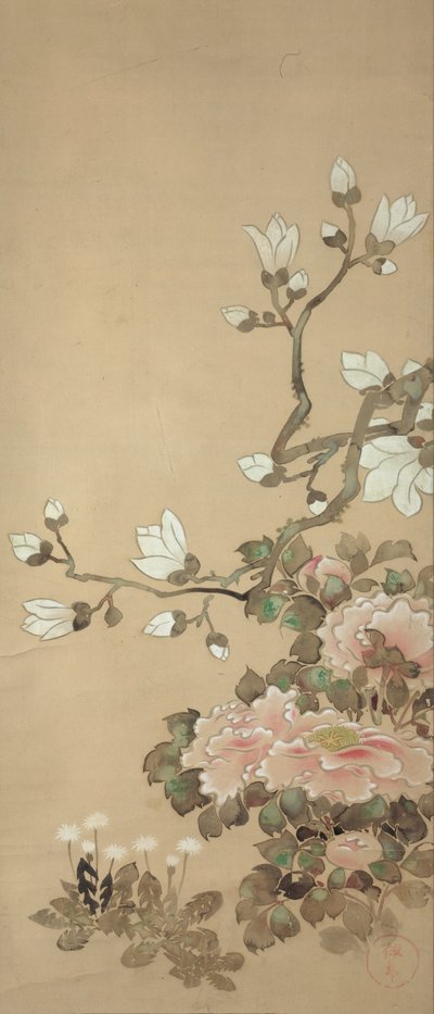Peonies, Magnolia, and Dandelions by Tawaraya Sotatsu