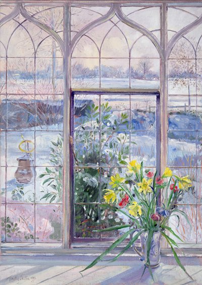 Daffodils and Sundial Against the Snow by Timothy Easton