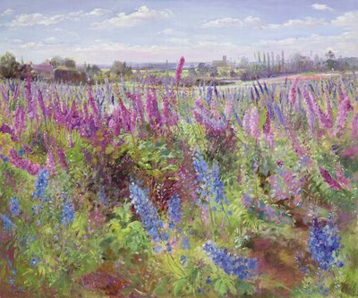 Delphinium Field and Church by Timothy Easton