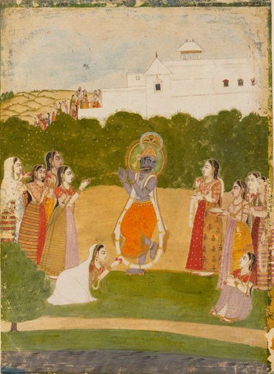 Krishna Beside a River Playing the Flute by Unbekannt