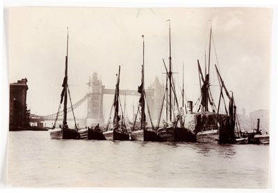 Boats moored at Tower Bridge by Unbekannt